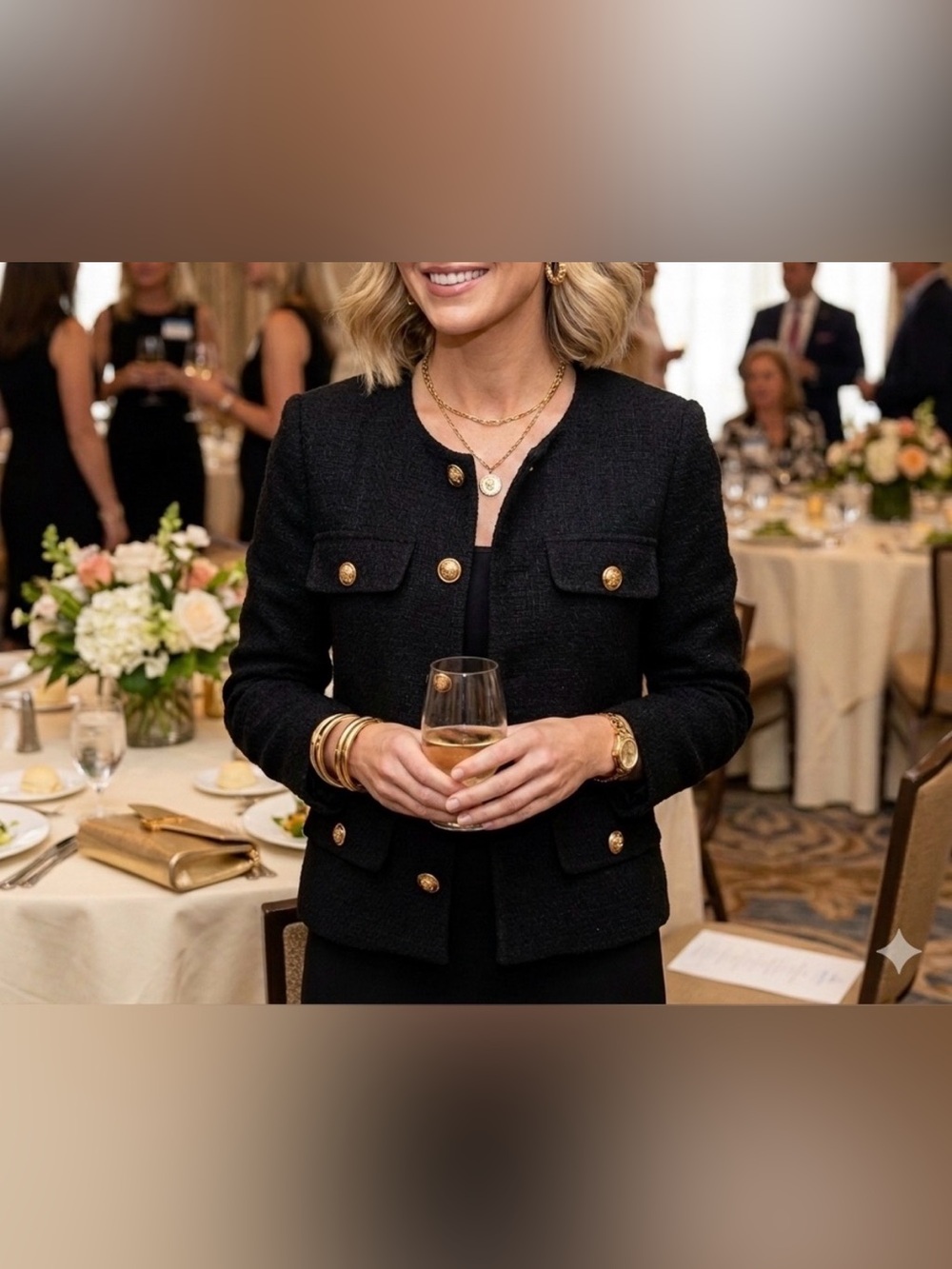 Elegant Black Boucle’ Tweed Jacket Gold Buttons Cropped Classic Designer Look L - Picture 7 of 7